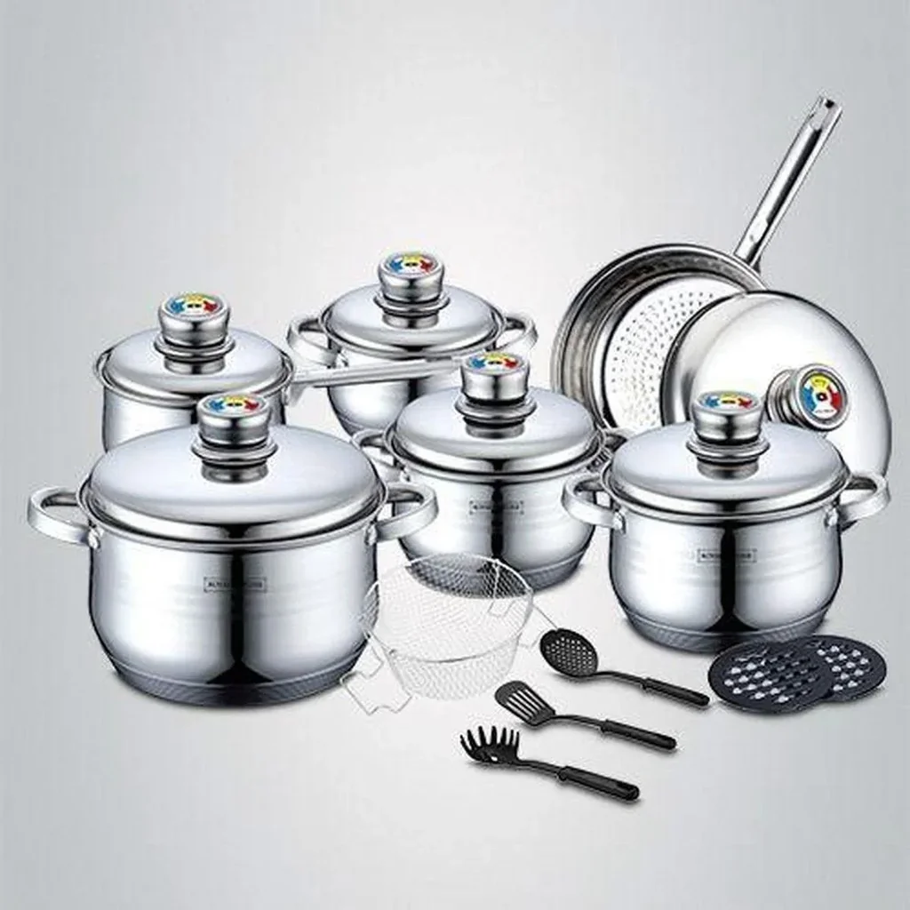 18-piece stainless steel cooking set with metal thermometer lids