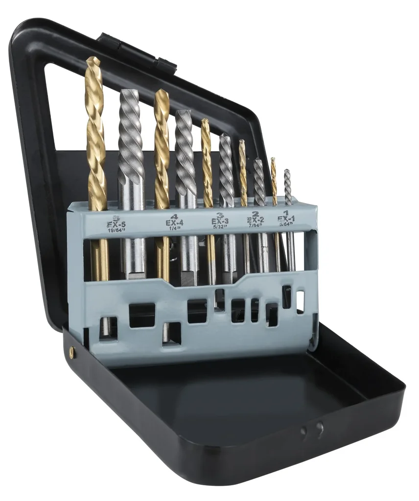 Left-hand drill and extractor set, 10 pieces