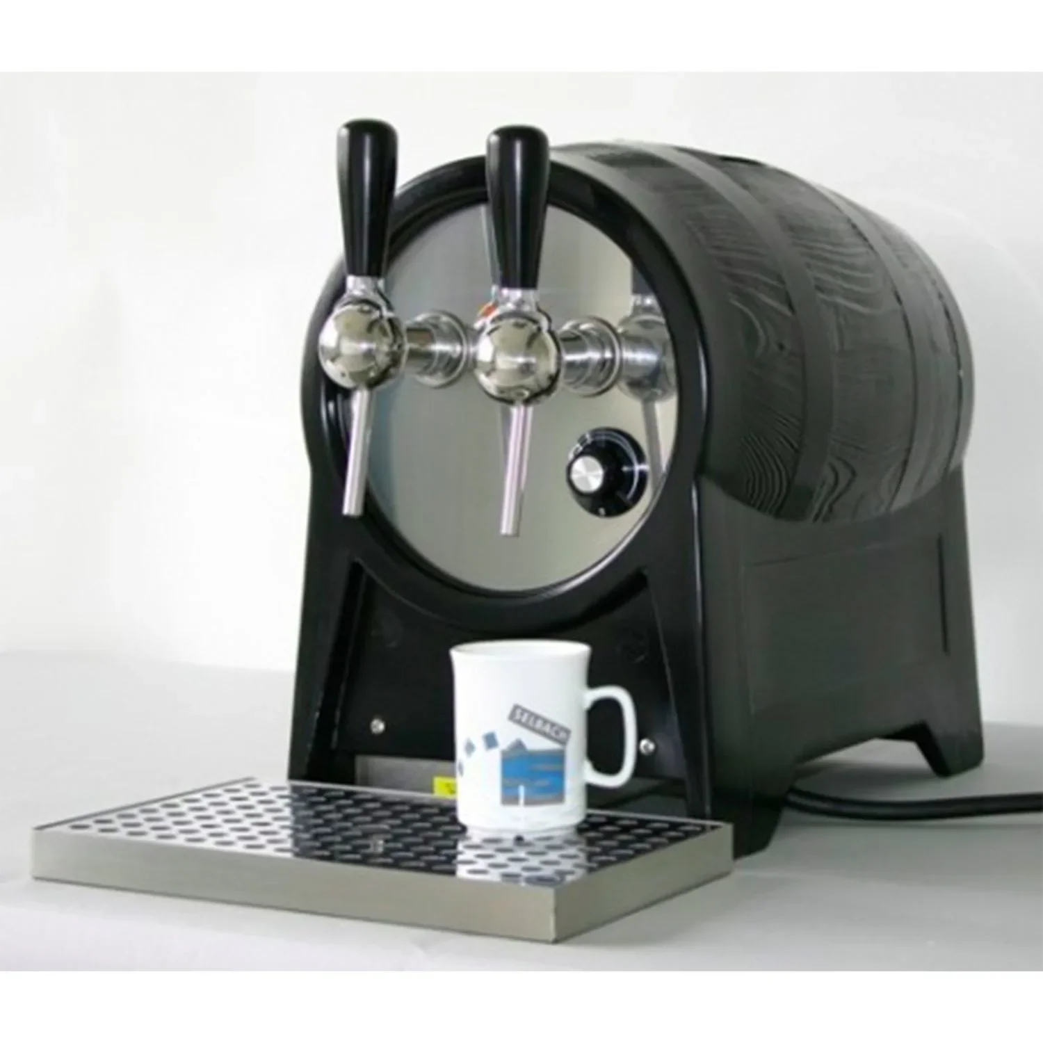 Hot beverage device in barrel form with gas-powered feed pump, 2 lines, - Mulled wine dispenser, hot barrel
