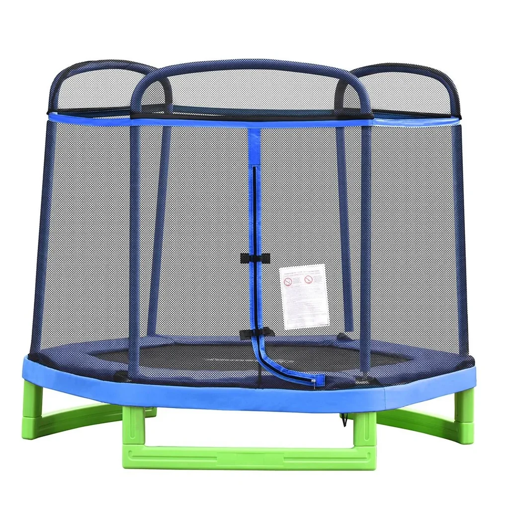 Children's trampoline with safety net indoor trampoline fitness trampoline for 3-12 years children up to 80 kg steel blue+green 21