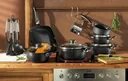 Cast aluminum cookware set, 17-piece, black, including kitchen utensil set
