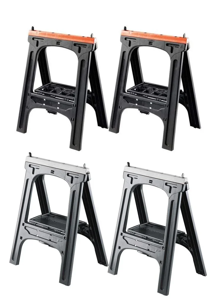 Plastic all-purpose trestle set of 2, load capacity per trestle 200 kg, orange with perforated storage plate