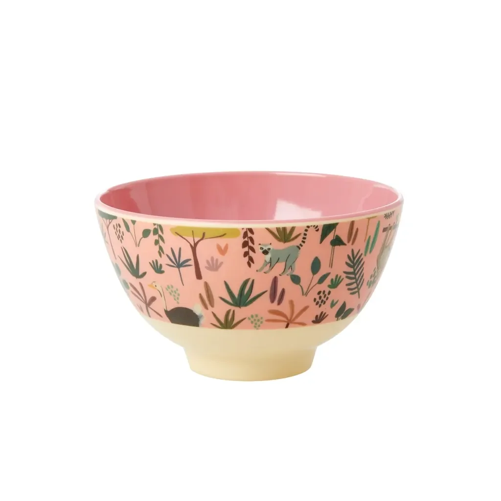 RICE bowl and plate set, melamine, 21 cm diameter, colour Coral, with all-over jungle animals print