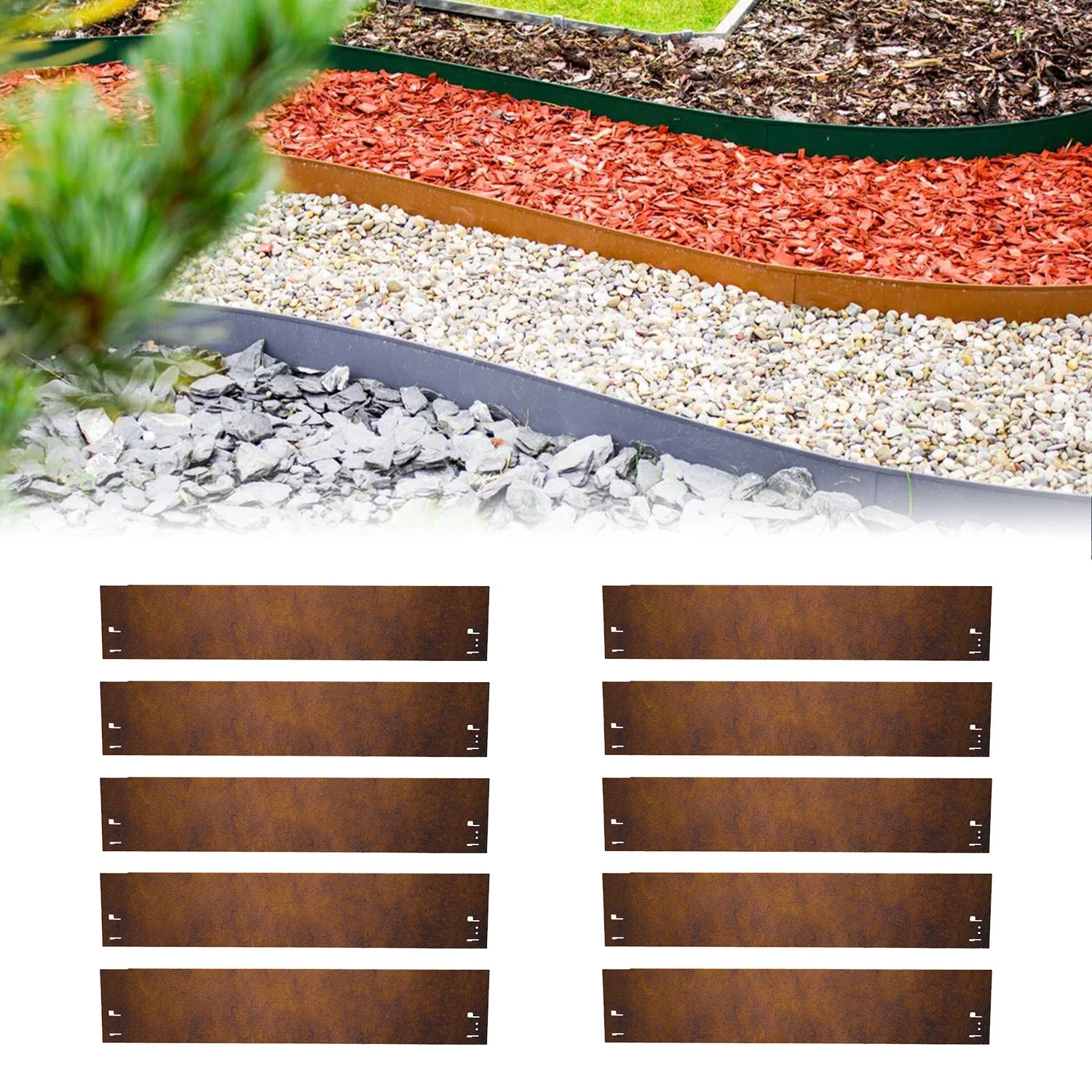 10 Pack Lawn edging weathering steel 70 cm length, 13.5 - 18.5 cm height, garden edging - Hot-dip galvanizing, Broad: 13.5 cm