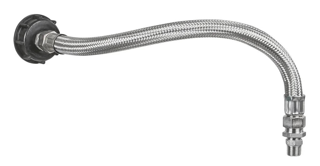 Connection set for IBC containers - with flexible reinforced hose