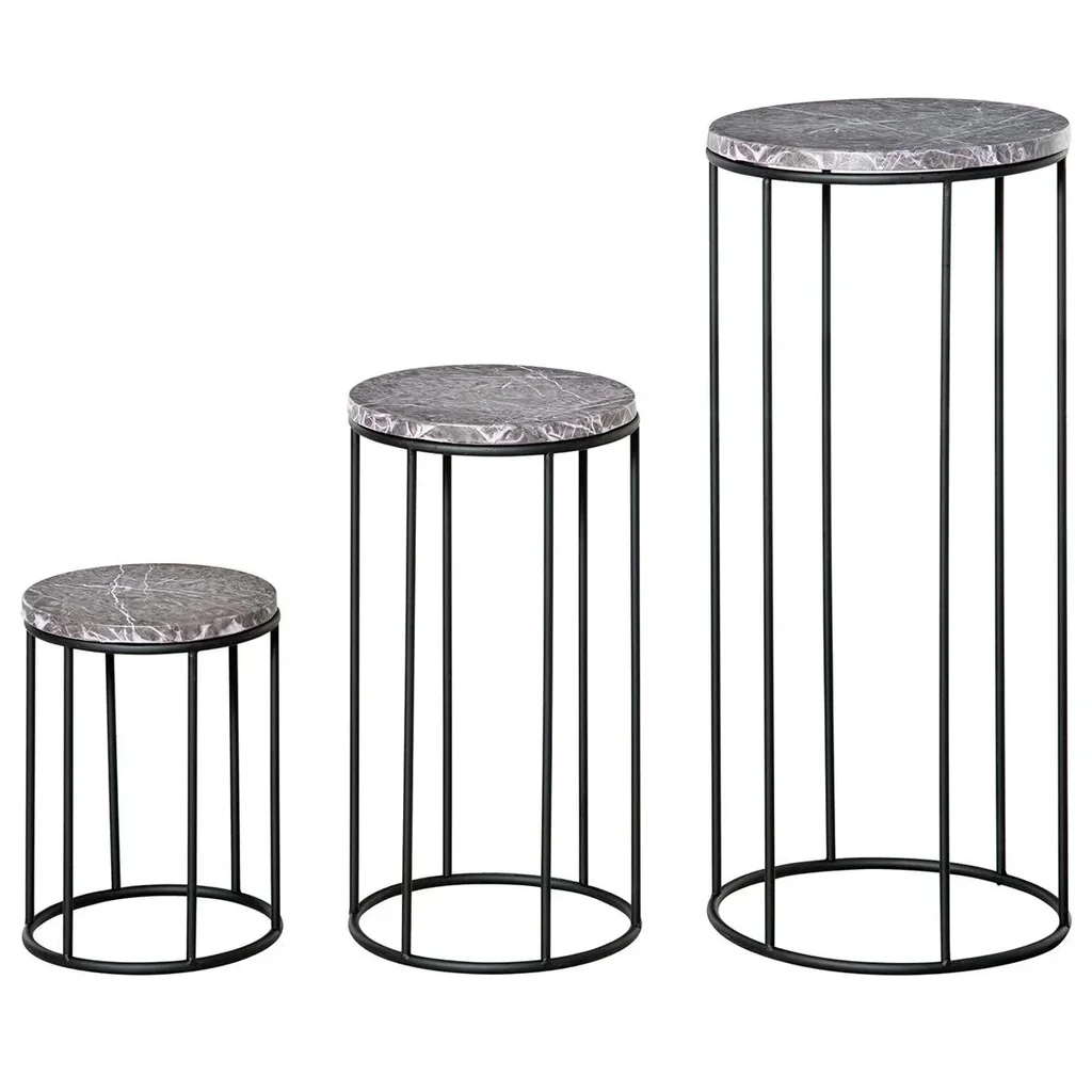 Flower stand set of 3 made of metal in marble look. Stackable plant stool for flower pot. Black + gray.