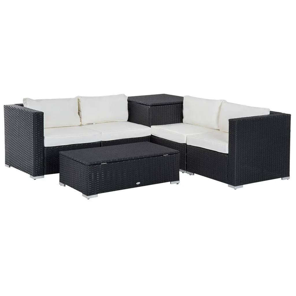 6-piece polyrattan garden furniture set with cushions, lounge table with storage, steel, luxurious black and cream