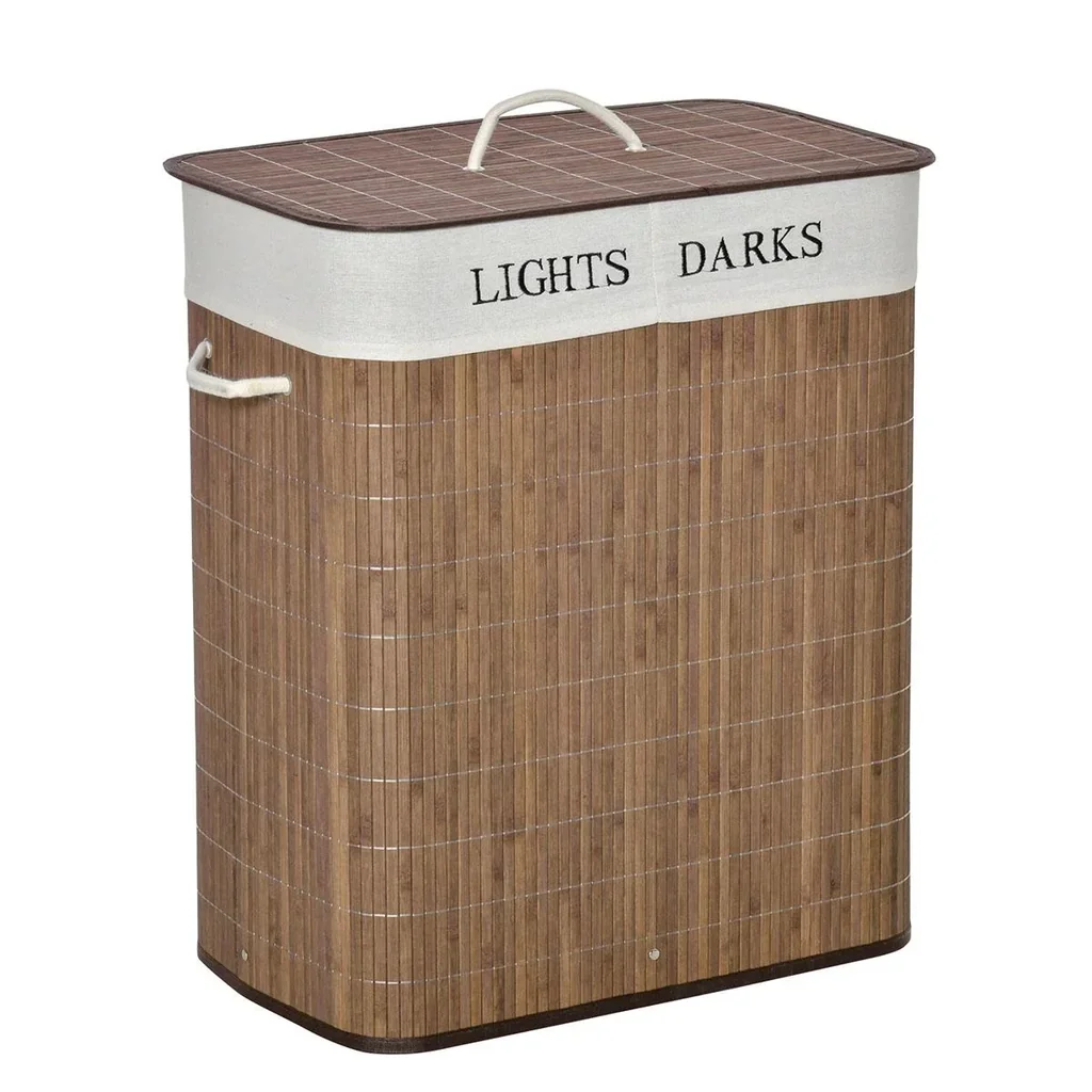 100L laundry basket laundry box laundry collector with 3 handles removable bamboo polyester cotton metal brown+white 52 x 32 x 63