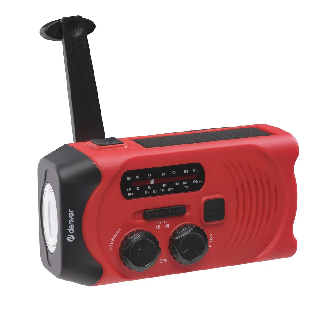 Portable solar crank radio with flashlight, rechargeable and battery operation