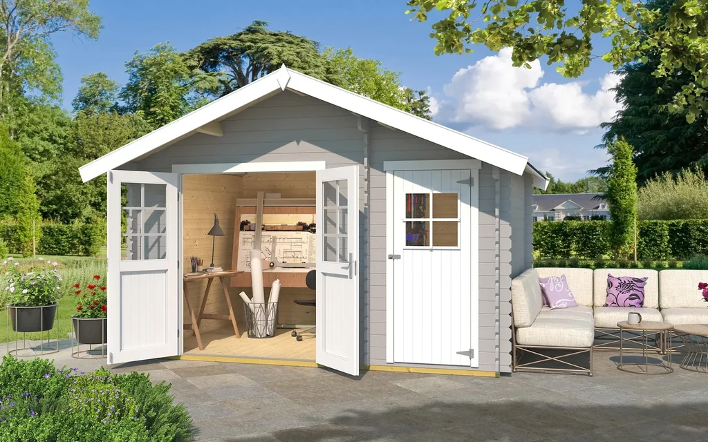 Garden house 253 Gr.2, 420 x 310 x 270 cm light grey, 28 mm, double door, with 2nd room single door