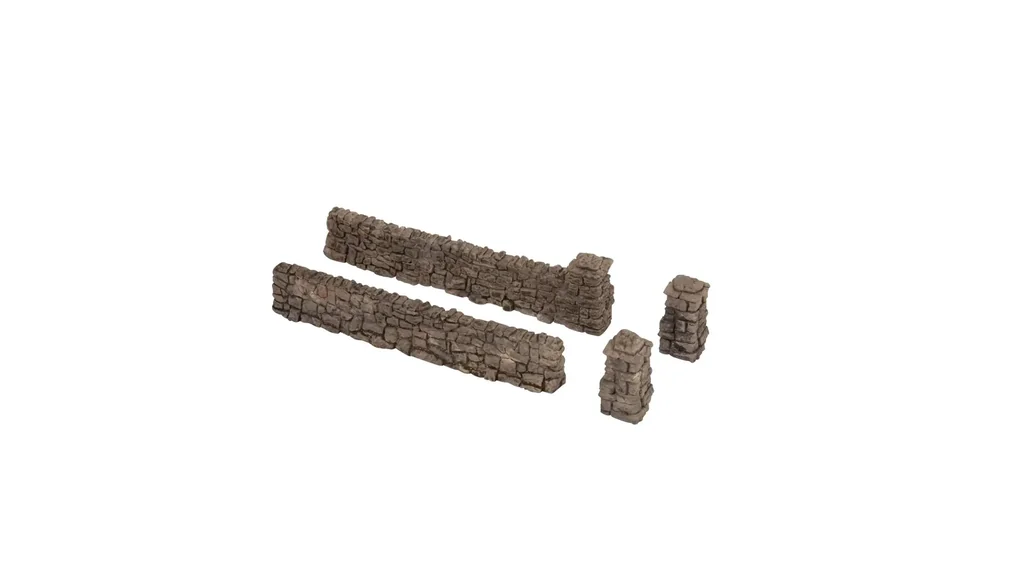 Rubble stone wall, wall panels, 12 pieces, total length 72 cm, wall height 1.6 cm, pillar height 2.2 cm, gauge H0