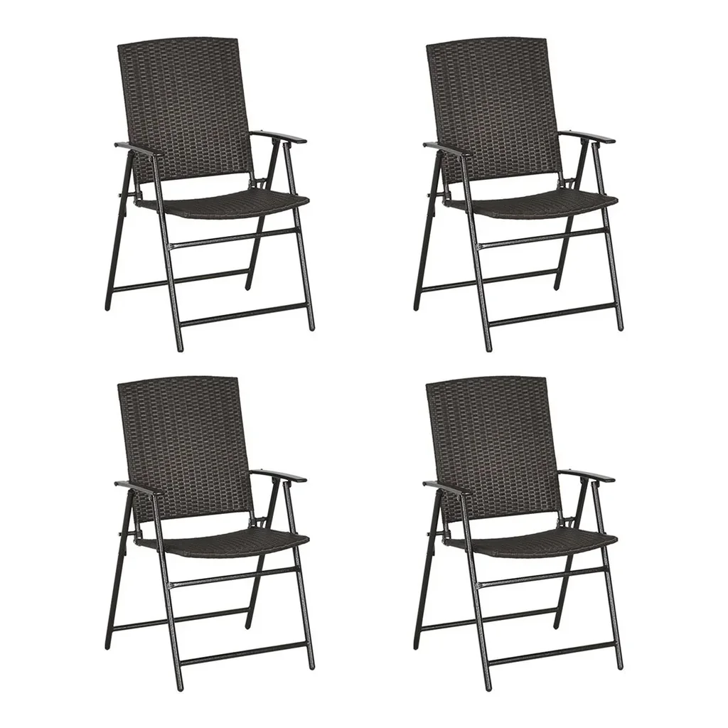 4-piece polyrattan folding garden chair with backrest, steel, brown, 58 x 61 x 94 cm