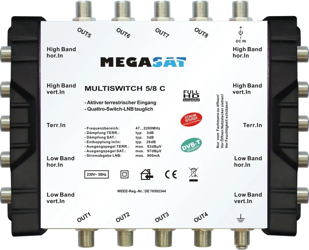 Multiswitch 9/8 C - Expandable system. Suitable for 2 satellites and up to 8 participants per multiswitch.