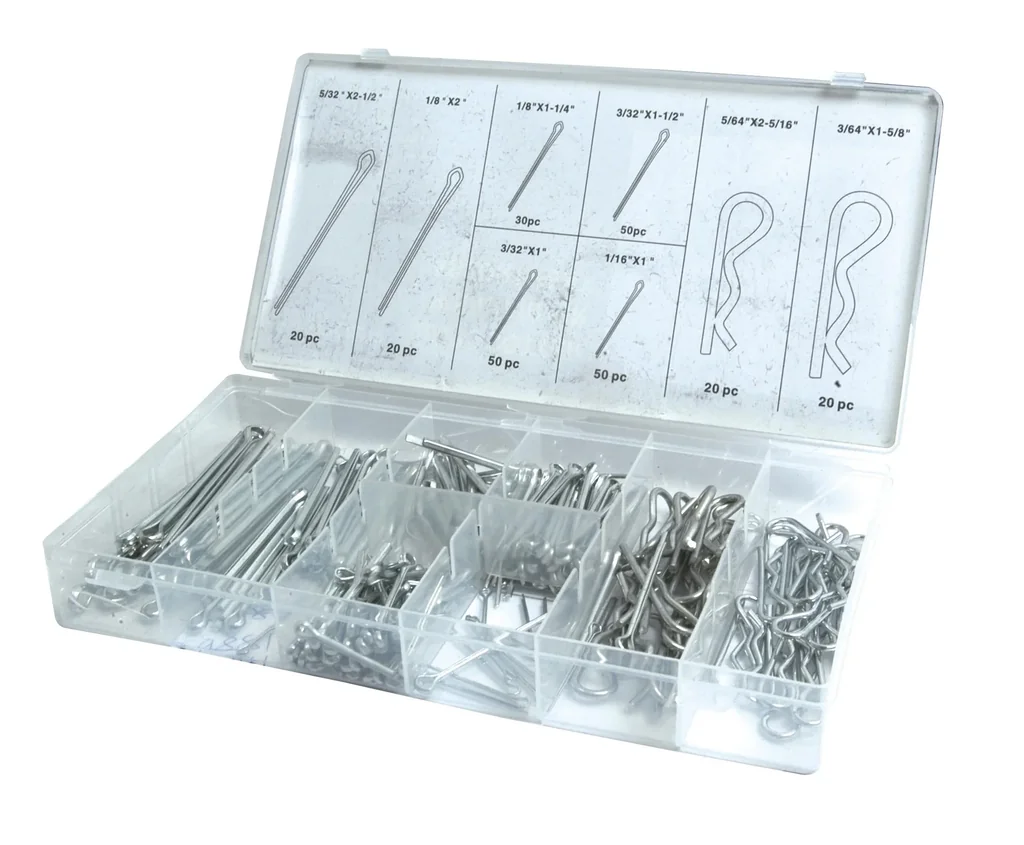 Spring pins and split pins, 260 pieces in assortment box