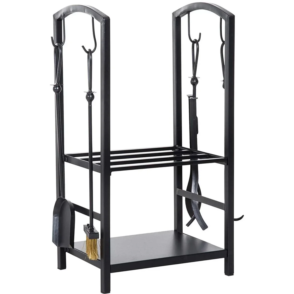 Firewood rack with fireplace tools black