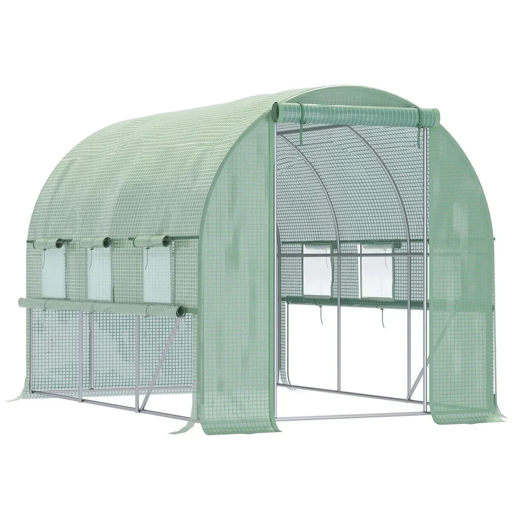 Folly greenhouse 3 x 3 x 2 m tunnel walk-in greenhouse plant house film tent 6 windows UV protection green