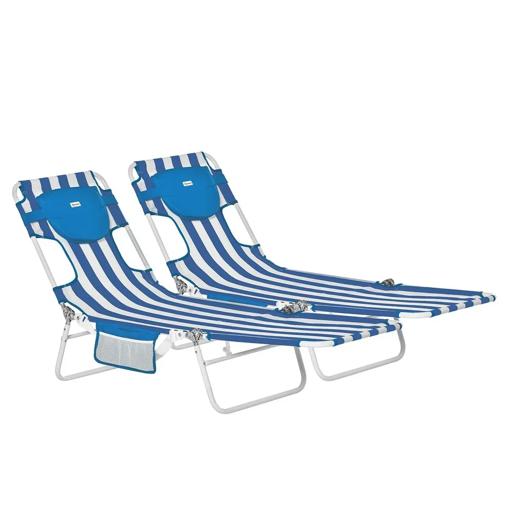 Set of 2 sun loungers garden lounger with reading opening 5-level adjustable garden furniture PVC fabric+metal blue+white 182 x 55 x