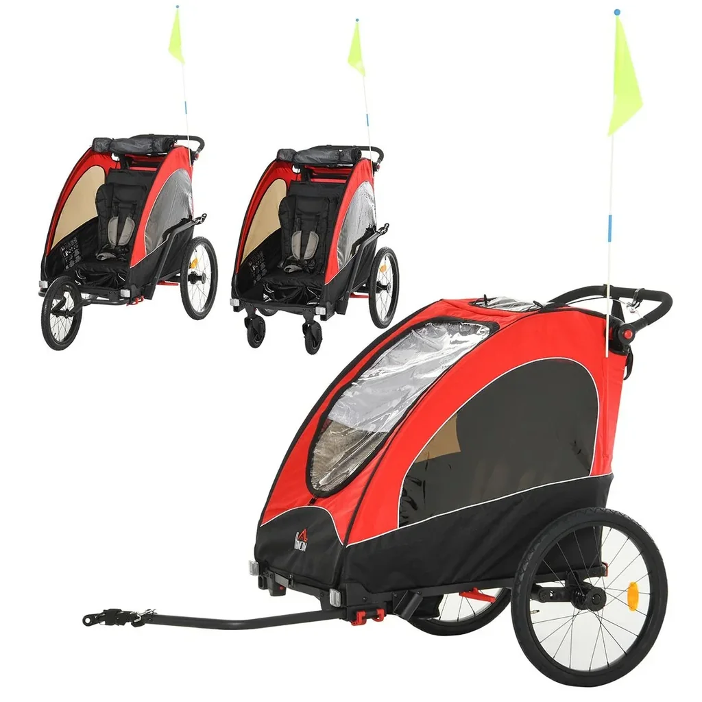3 in 1 child trailer aluminum children jogger bike trailer bike trailer for 2 children with flag red + black