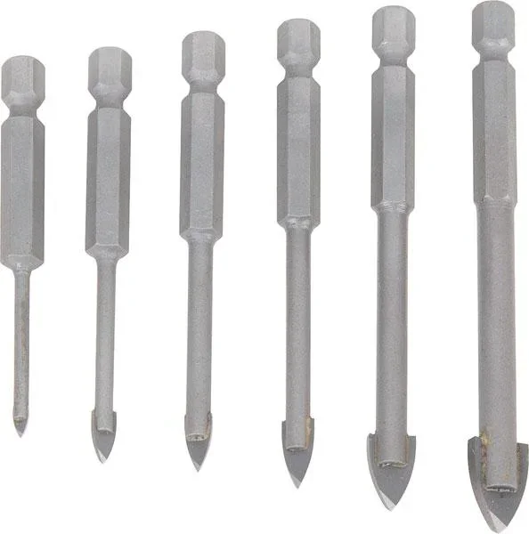 HM glass drill bit set with 1/4" hexagon socket, 6 pieces