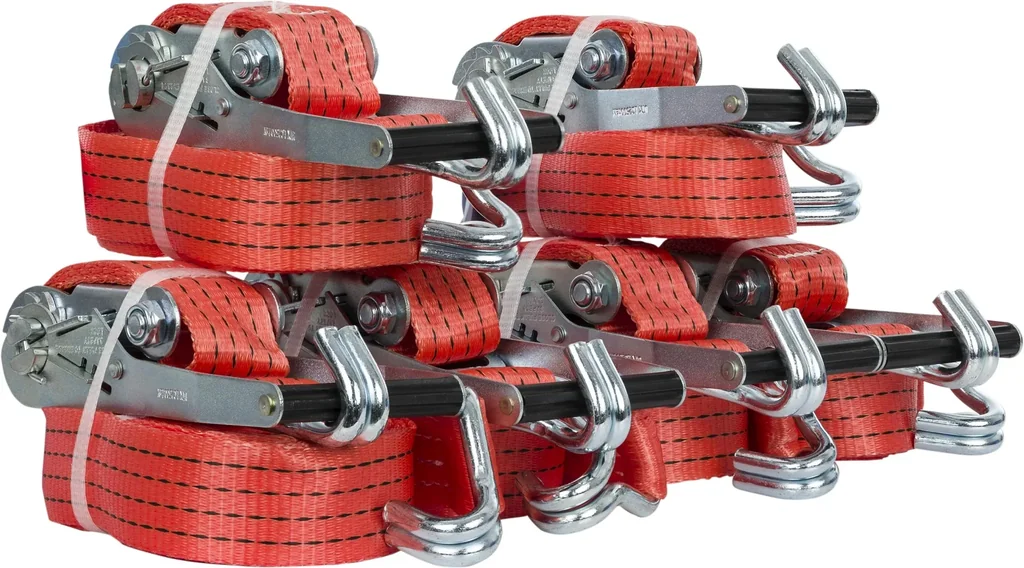 Lashing straps with ratchet, 7-piece set, 50 mm strap width, 2000/4000 daN, fixed end 0.3 m / loose end 7.7 m long, claw hook