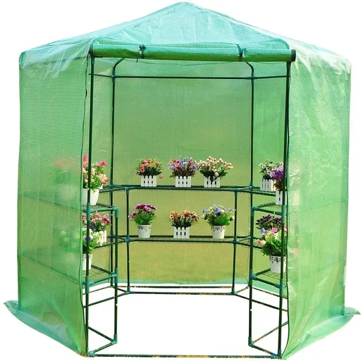 "Plant house greenhouse with hexagonal shelves image"