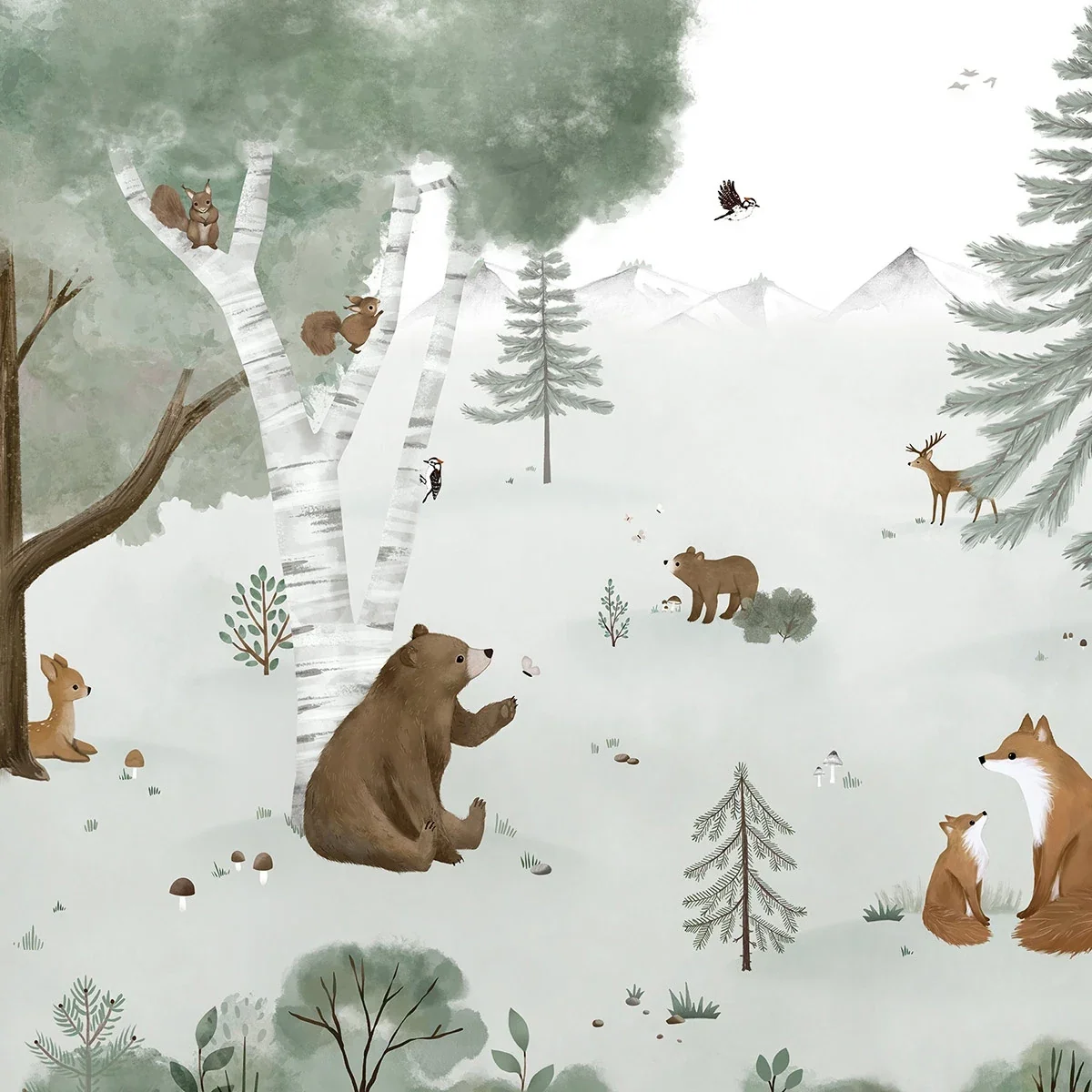 "Lilipinso wallpaper, children's room wall design, panorama, live in the mountains image"