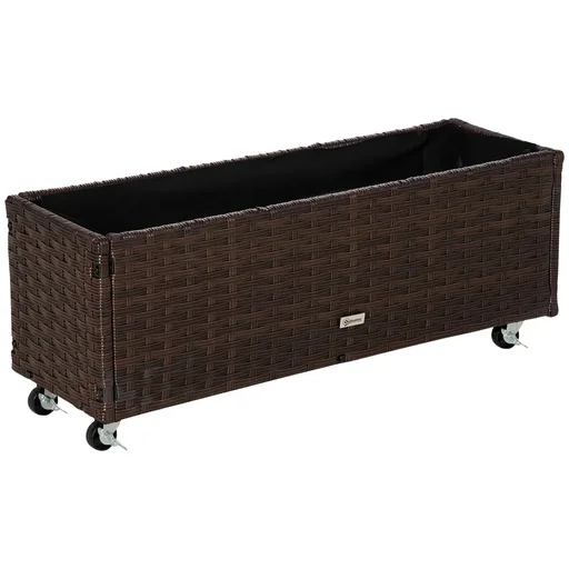 "Poly rattan raised bed with wheels, planter with drainage holes, flower box, flower pot, coffee-brown, 94.5 x 31 x 36 cm image"