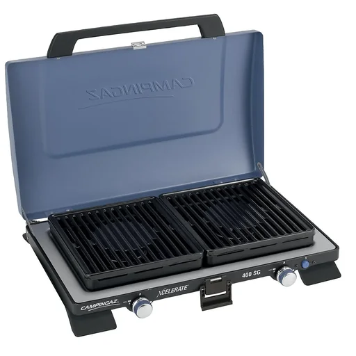 "400 SG (cooker with grill plate, with Xcelerate burner) 2-burner, with 2-part grill attachment, piezo ignition and lid image"