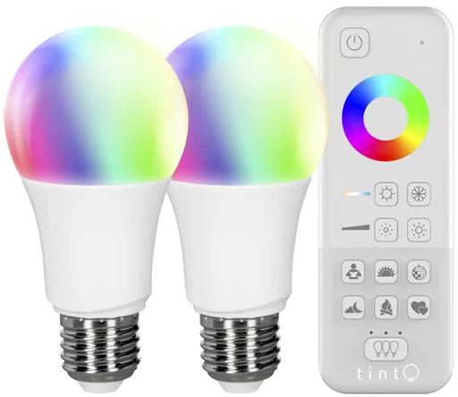 "tint starter set with 2 LED lamps, 9.5 W, E27, color change and remote control image"