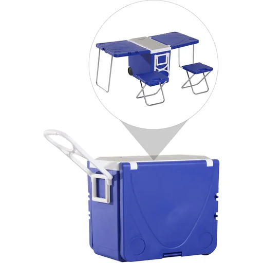 "Cooler box with wheels 28L portable camping 3-in-1 set with 1 side table + 2 stools foldable image"