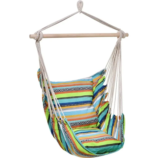 "Hanging chair with two additional seat cushions, colorful striped image"