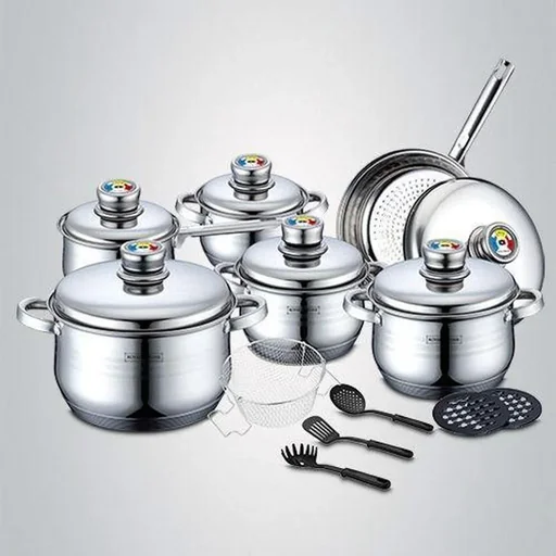 "18-piece stainless steel cooking set with metal thermometer lids image"