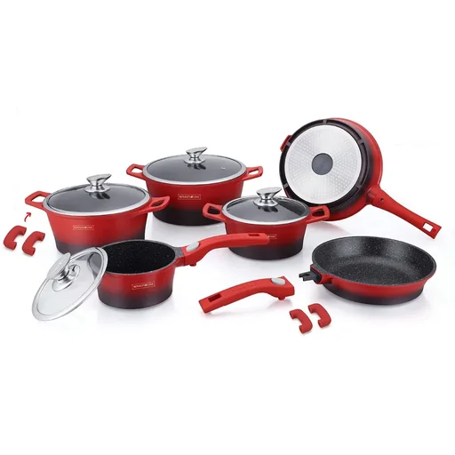 "14-piece marble-coated pan set - red/black image"