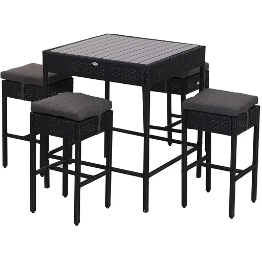 "5-piece dining set, seating group, dining table, bistro table, bar table, garden table, metal + polyrattan, black with 1 table + 4 chairs image"