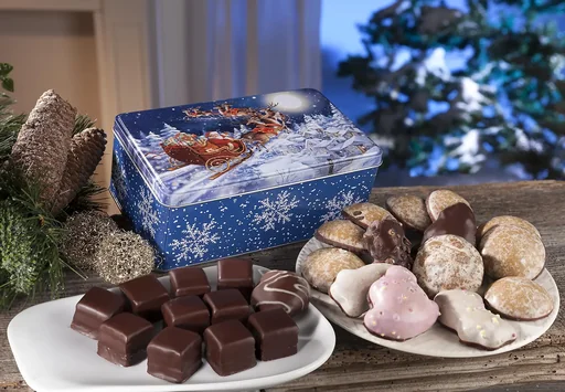 "Santa Claus sleigh cookie tin image"