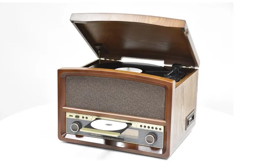 "Retro HiFi system with radio, record, CD, cassette player and encoding image"