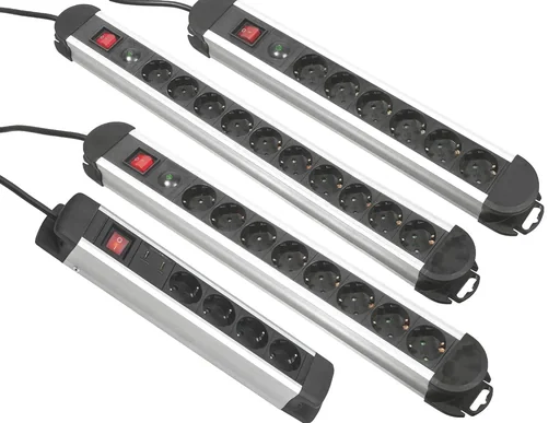 "6-way aluminum power strip with surge protection and switch image"