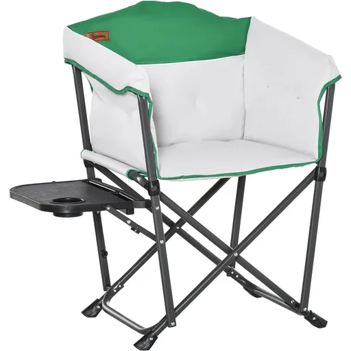 "Camping chair with cup holder white, green image"