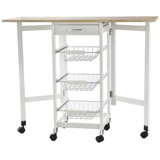 "Kitchen trolley foldable trolley serving trolley drawer with 3 baskets 6 universal wheels for kitchens natural + white image"