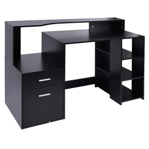 "Desk with shelf, computer desk, office desk with table top for printer, drawer, MDF metal, black, 137 x 55 x 92 cm image"