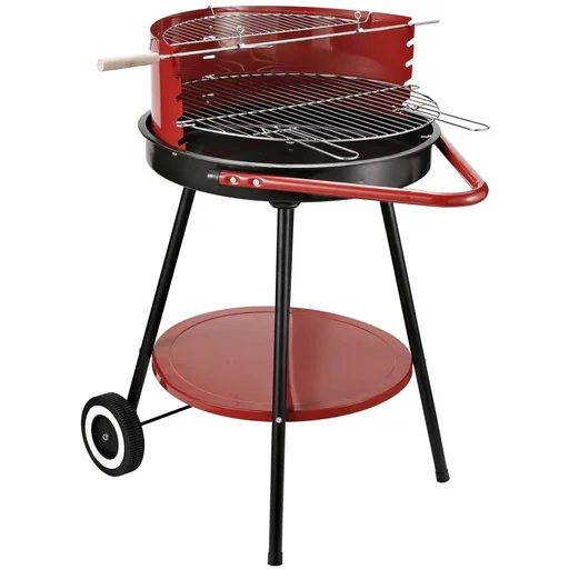 "Charcoal grill round grill on wheels with shelf metal red image"