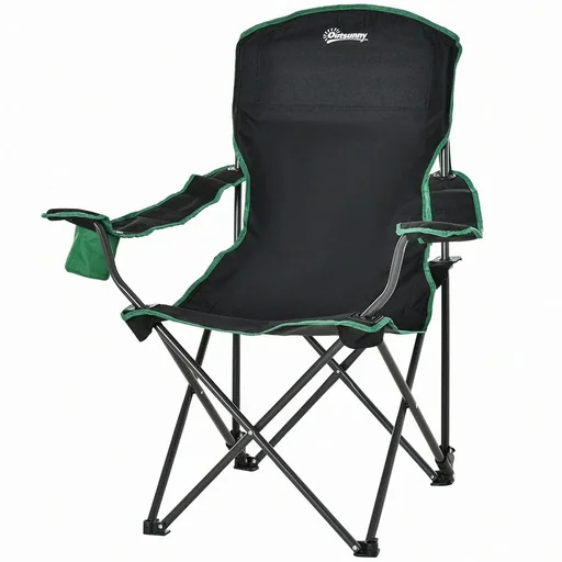 "Camping chair with cup holder black, green image"