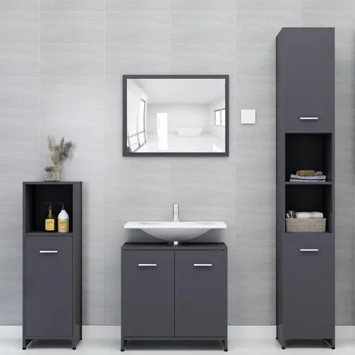 "4-piece bathroom furniture set made of grey chipboard image"