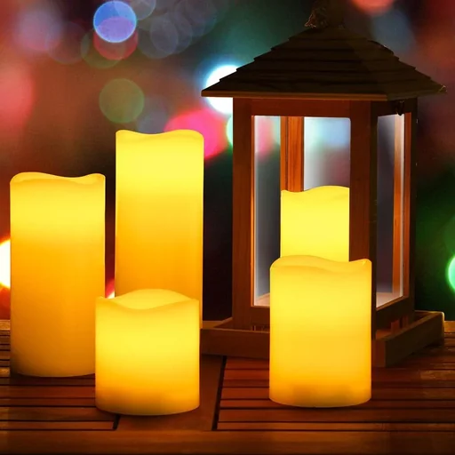 "5 LED flickering real wax candles white with remote control & timer image"