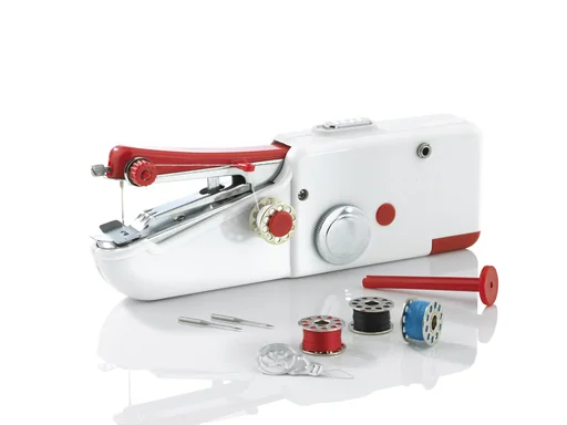 "Mini hand sewing machine, compact, white/red image"