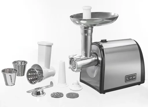 "Stainless steel meat grinder with cookie attachment and vegetable cutting attachment image"