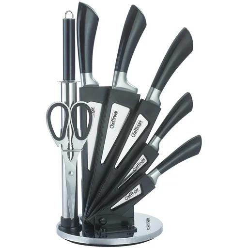 "Cheffinger 8-piece knife set with stand - silver/black image"