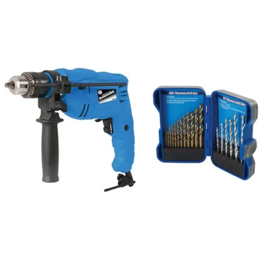 "500 Watt hammer drill with 19-piece titanium-coated HSS drill bit set and TCT concrete drill bit set 1-9 mm image"