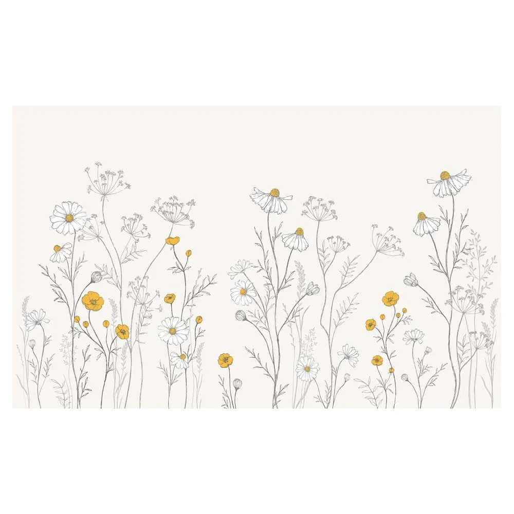 "Lilipinso fleece mural giant wildflowers with chamomile gray mustard yellow image"