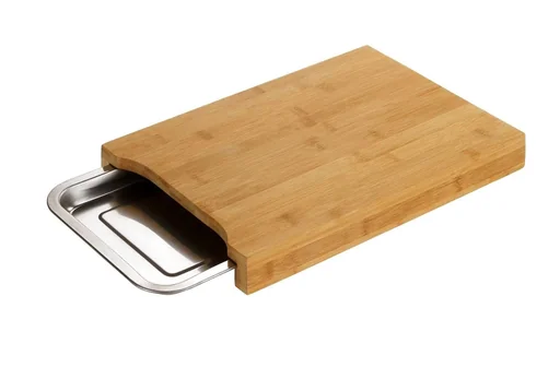 "Bamboo cutting board with stainless steel drip tray image"